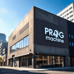 A corporate building designed in a warehouse style, featuring the words 'PROG Machine' prominently displayed on the exterior