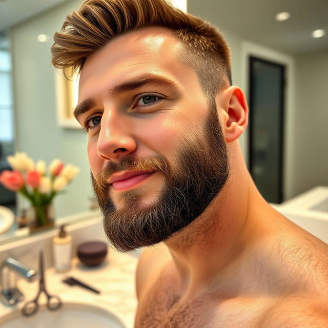 A close-up portrait of a man with a neatly trimmed beard, showcasing the process of shortening his beard with grooming tools