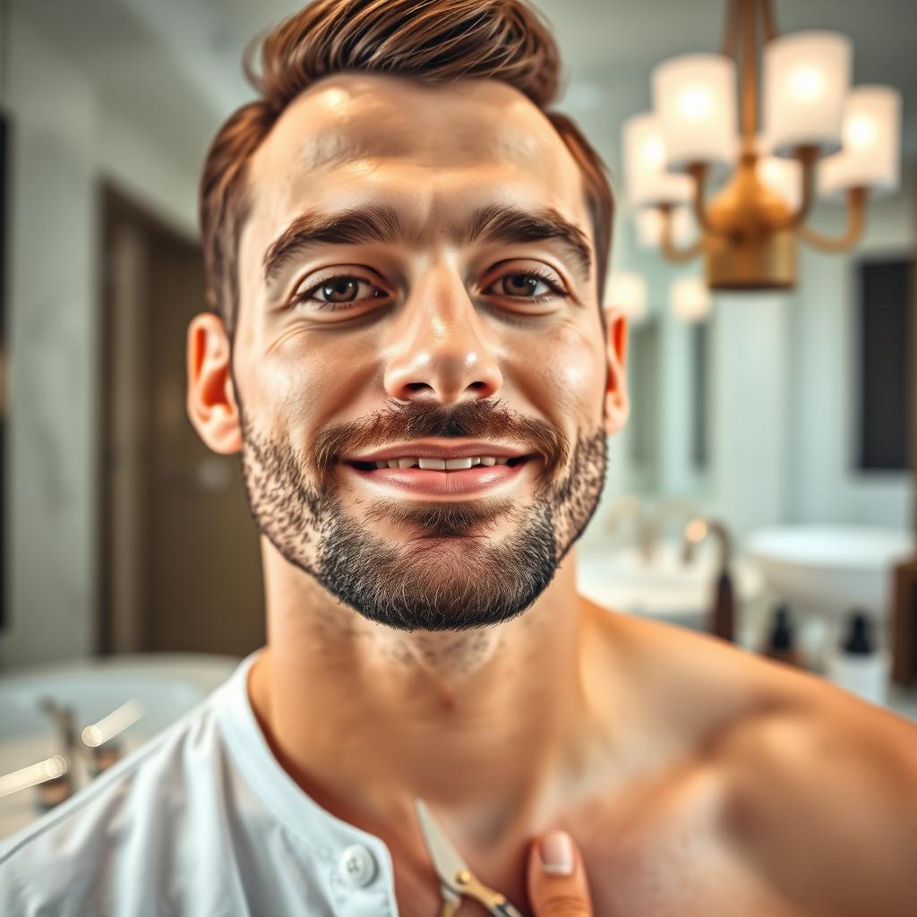 A close-up portrait of a man with a neatly trimmed beard, showcasing the process of shortening his beard with grooming tools