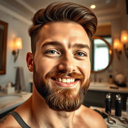 A close-up portrait of a man with a neatly trimmed beard, showcasing the process of shortening his beard with grooming tools