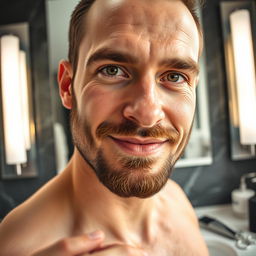 A close-up portrait of a man with a neatly trimmed beard, showcasing the process of shortening his beard with grooming tools
