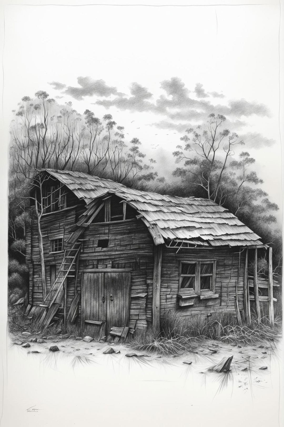 A high-quality pencil drawing of an old barn in a serene landscape