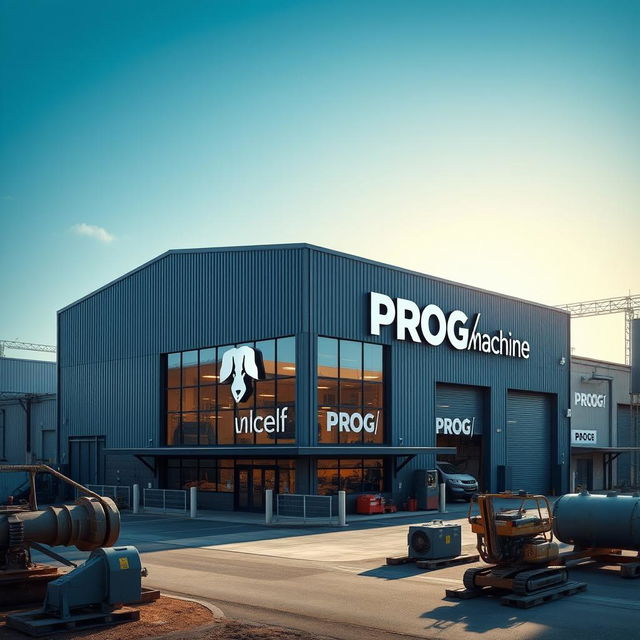 A corporate building designed in a warehouse style, prominently displaying the words 'PROG Machine' on the exterior