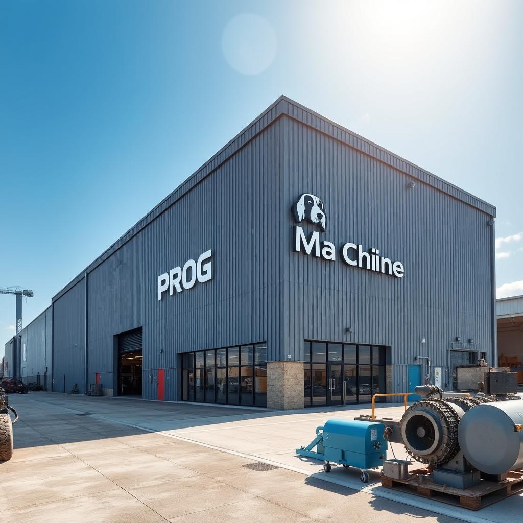 A corporate building designed in a warehouse style, prominently displaying the words 'PROG Machine' on the exterior