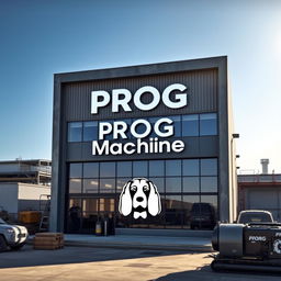 A corporate building designed in a warehouse style, prominently displaying the words 'PROG Machine' on the exterior