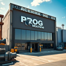 A corporate building designed in a warehouse style, prominently displaying the words 'PROG Machine' on the exterior