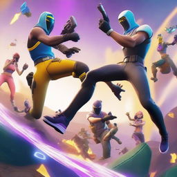 A dynamic, high-resolution digital artwork featuring two Fortnite skins battling it out on two ramps