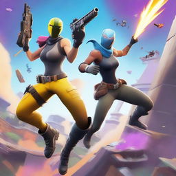 A dynamic, high-resolution digital artwork featuring two Fortnite skins battling it out on two ramps