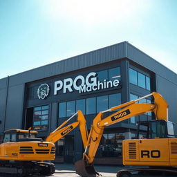 A corporate building designed in a warehouse style, proudly displaying the words 'PROG Machine' on the exterior