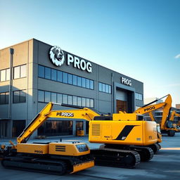 A corporate building designed in a warehouse style, prominently featuring the words 'PROG Machine' on its exterior