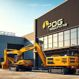 A corporate building designed in a warehouse style, prominently featuring the words 'PROG Machine' on its exterior