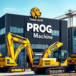 A corporate building designed in a warehouse style, prominently featuring the words 'PROG Machine' on its exterior