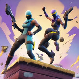 A dynamic, high-resolution digital artwork featuring two Fortnite skins battling it out on two ramps