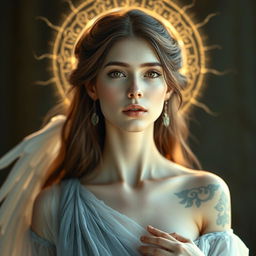 A radiant goddess with long, piercing eyes and porcelain skin that has a subtle, shimmering luminescence