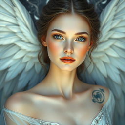 A radiant goddess with long, piercing eyes and porcelain skin that has a subtle, shimmering luminescence