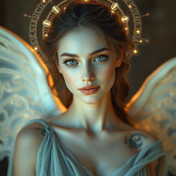 A radiant goddess with long, piercing eyes and porcelain skin that has a subtle, shimmering luminescence