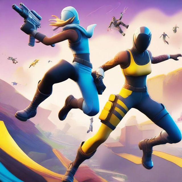 A dynamic, high-resolution digital artwork featuring two Fortnite skins battling it out on two ramps