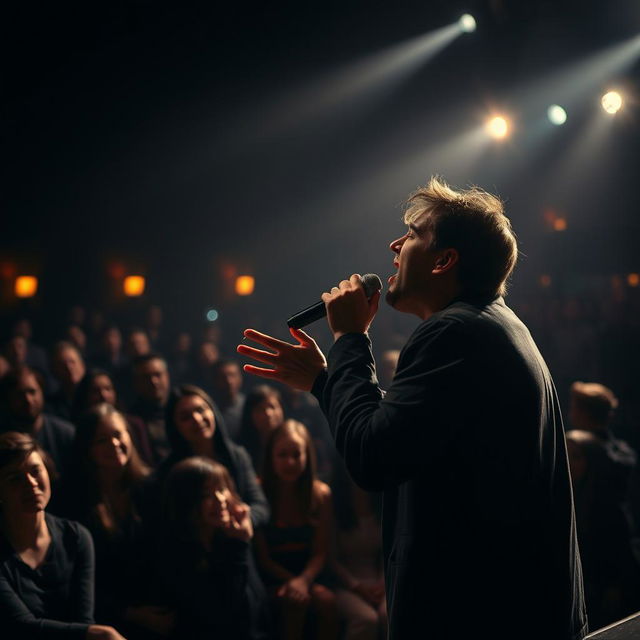 A passionate singer on stage, deeply engaged and evoking the audience's suppressed emotions through their powerful performance