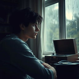 Aesthetic sad boy cover featuring a young man with tousled dark hair, sitting alone in a dimly lit room filled with soft, ambient light