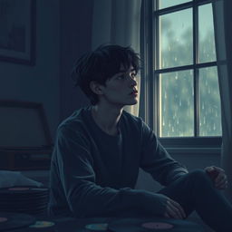 Aesthetic sad boy cover featuring a young man with tousled dark hair, sitting alone in a dimly lit room filled with soft, ambient light