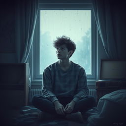 Aesthetic sad boy cover featuring a young man with tousled dark hair, sitting alone in a dimly lit room filled with soft, ambient light