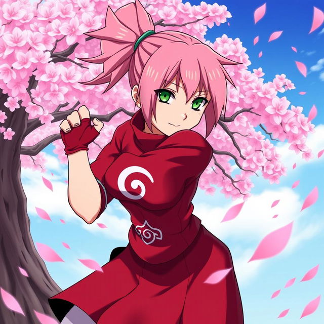 A dynamic and vibrant illustration of Sakura Haruno from the popular anime and manga series Naruto, showcasing her iconic pink hair tied in a high ponytail, bright green eyes, and a confident expression