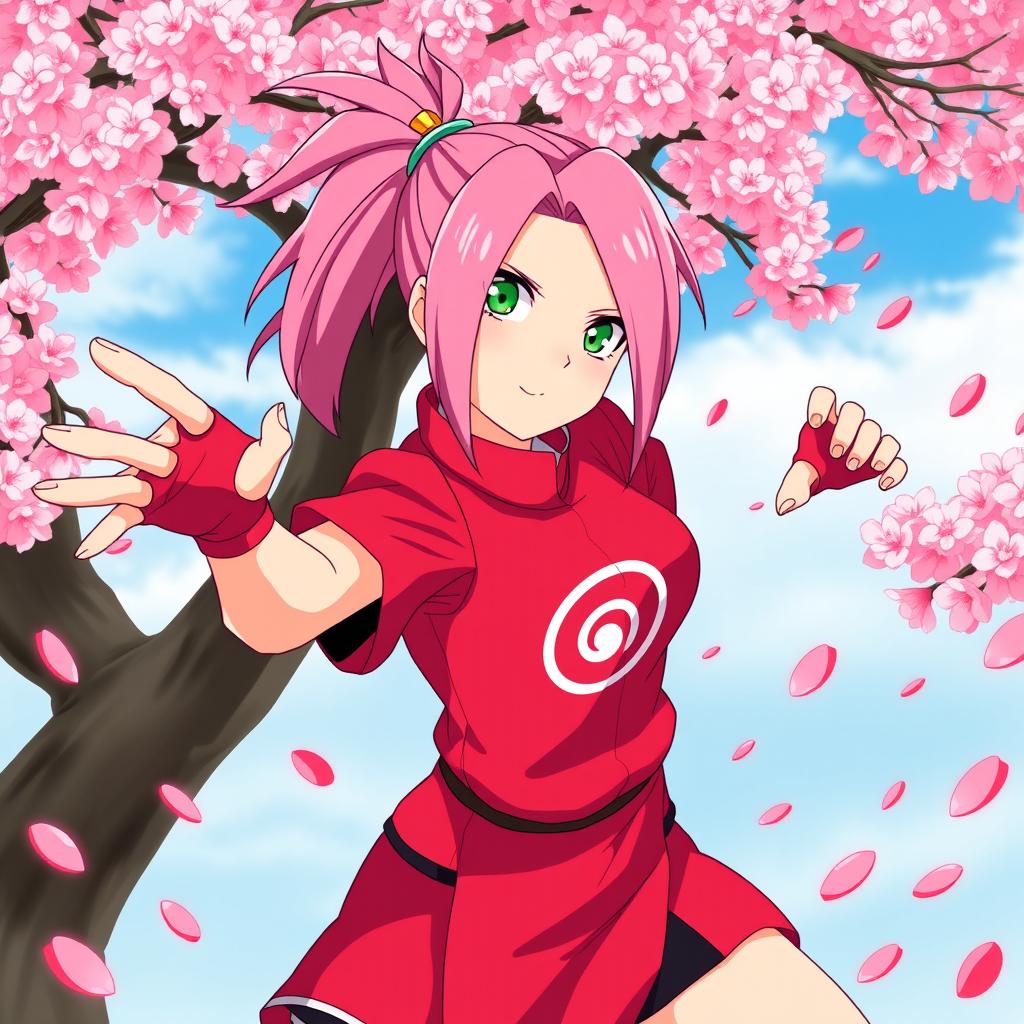 A dynamic and vibrant illustration of Sakura Haruno from the popular anime and manga series Naruto, showcasing her iconic pink hair tied in a high ponytail, bright green eyes, and a confident expression