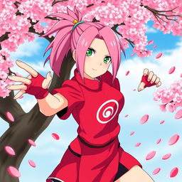 A dynamic and vibrant illustration of Sakura Haruno from the popular anime and manga series Naruto, showcasing her iconic pink hair tied in a high ponytail, bright green eyes, and a confident expression