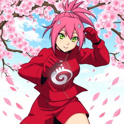 A dynamic and vibrant illustration of Sakura Haruno from the popular anime and manga series Naruto, showcasing her iconic pink hair tied in a high ponytail, bright green eyes, and a confident expression
