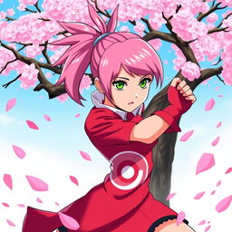 A dynamic and vibrant illustration of Sakura Haruno from the popular anime and manga series Naruto, showcasing her iconic pink hair tied in a high ponytail, bright green eyes, and a confident expression