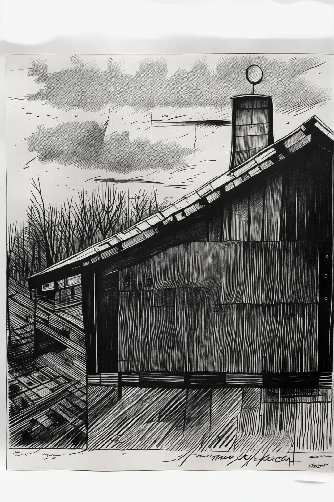 A stunning charcoal and ballpoint pen drawing of a barn in a tranquil rural landscape