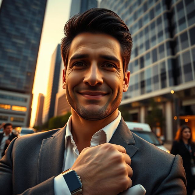 a realistic and detailed portrait of a charismatic and confident man, captured in a low-angle shot, showcasing a modern urban backdrop with skyscrapers