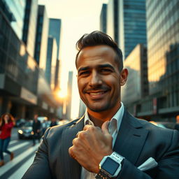 a realistic and detailed portrait of a charismatic and confident man, captured in a low-angle shot, showcasing a modern urban backdrop with skyscrapers