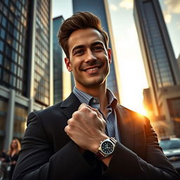 a realistic and detailed portrait of a charismatic and confident man, captured in a low-angle shot, showcasing a modern urban backdrop with skyscrapers