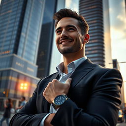 a realistic and detailed portrait of a charismatic and confident man, captured in a low-angle shot, showcasing a modern urban backdrop with skyscrapers