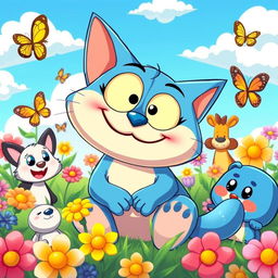 A vibrant and colorful scene featuring an anthropomorphic blue cat named Oggy, styled in classic anime fashion