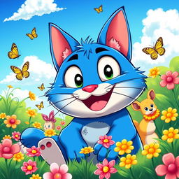 A vibrant and colorful scene featuring an anthropomorphic blue cat named Oggy, styled in classic anime fashion