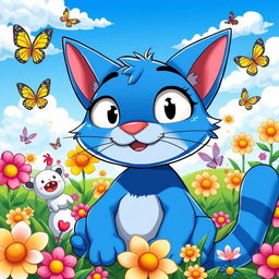 A vibrant and colorful scene featuring an anthropomorphic blue cat named Oggy, styled in classic anime fashion