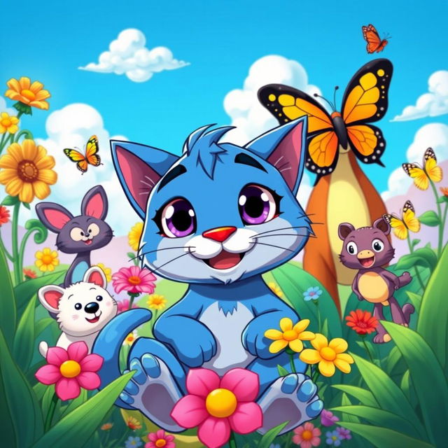 A vibrant and colorful scene featuring an anthropomorphic blue cat named Oggy, styled in classic anime fashion