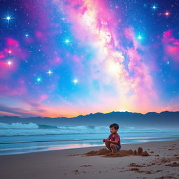 A psychedelic sky filled with vibrant stars, casting an ethereal glow over a serene beach scene