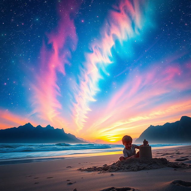 A psychedelic sky filled with vibrant stars, casting an ethereal glow over a serene beach scene