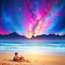 A psychedelic sky filled with vibrant stars, casting an ethereal glow over a serene beach scene