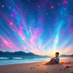 A psychedelic sky filled with vibrant stars, casting an ethereal glow over a serene beach scene