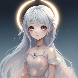 A petite, ethereal woman with flowing silver hair, anime-inspired features characterized by large, luminous eyes, a delicate nose, and full lips