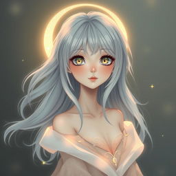 A petite, ethereal woman with flowing silver hair, anime-inspired features characterized by large, luminous eyes, a delicate nose, and full lips