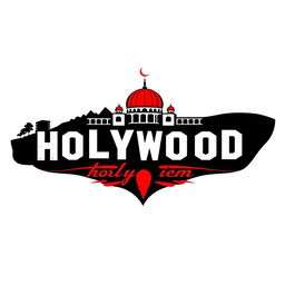 A creative design that combines the iconic Hollywood logo with the Shrine of Imam Reza, integrating the word "holy" into the design in a stylish and artistic way
