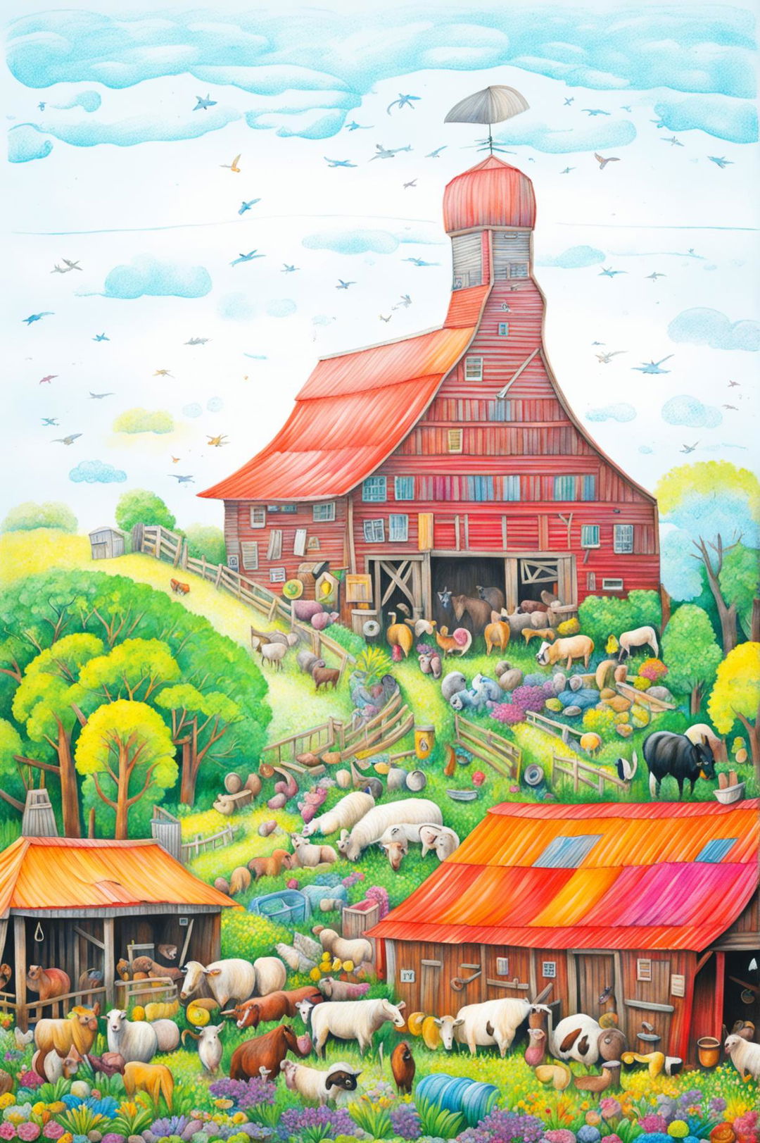 A meticulously crafted crayon drawing of a barn and a multitude of intricately drawn animals