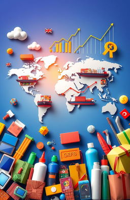 A stylized world map highlighting global trade, featuring vibrant and colorful elements