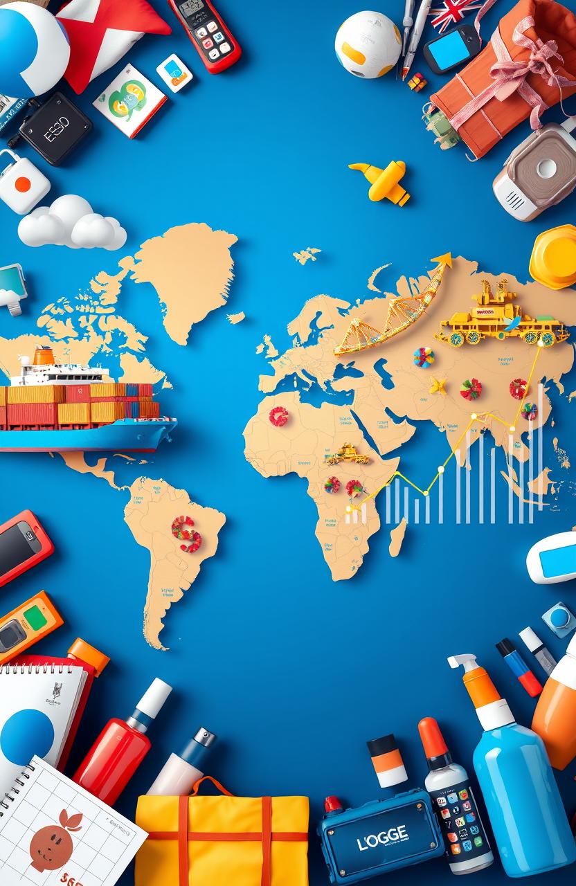 A stylized world map highlighting global trade, featuring vibrant and colorful elements