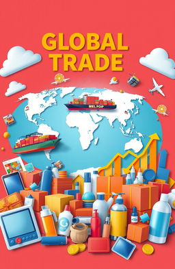 A stylized world map highlighting global trade, featuring vibrant and colorful elements